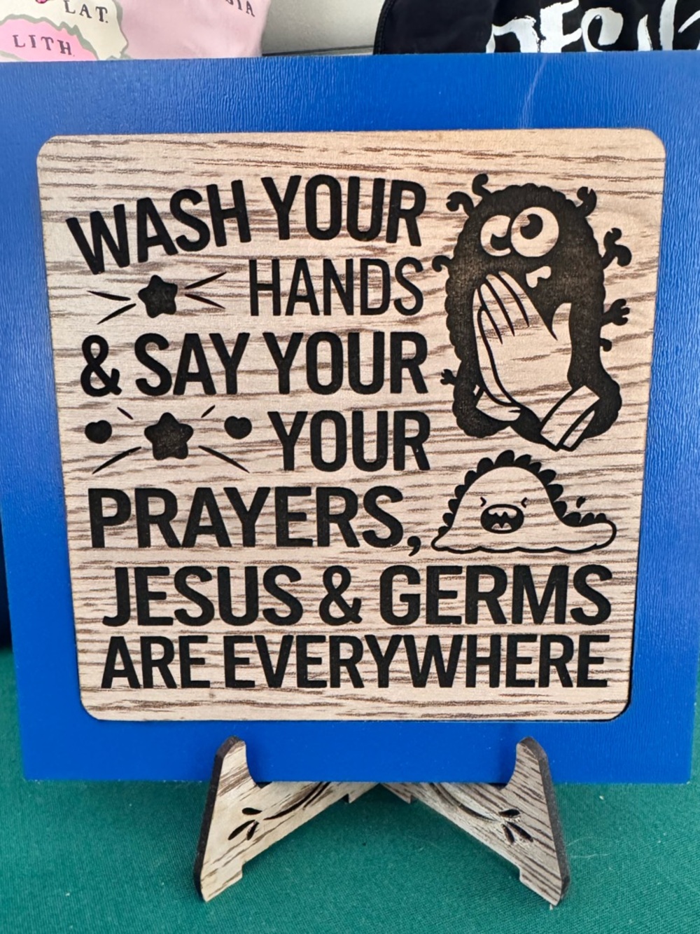 Hand crafted by me Wooden shelf sign includes framing and hand crafted stand